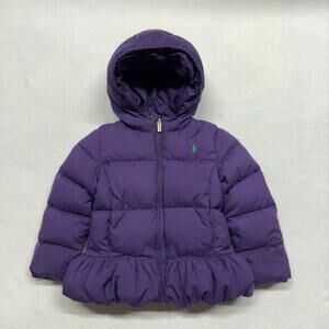 Ralph Lauren Girls Down Puffer Coat Hoodie Jacket Youth Size 6 Purple Ruffle Hem